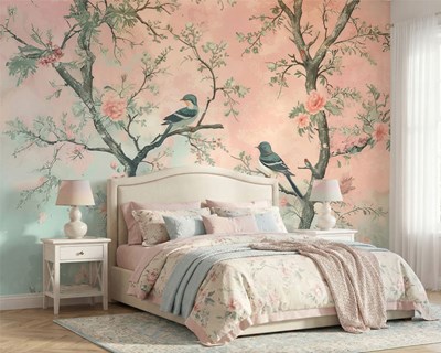 Behang met bloemtakken en vogels