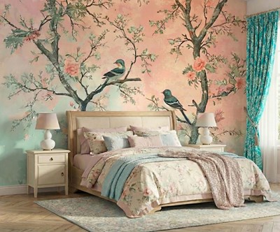 Behang met bloemtakken en vogels