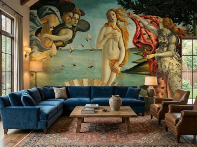 Botticelli's schilderij ‘De geboorte van Venus’ als achtergrond 