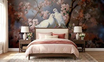 Behang met witte duiven op een bloemtak