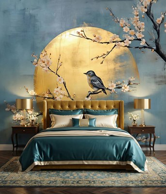 Behang met kersenbloesem en vogels