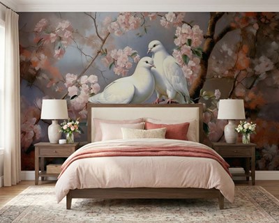 Behang met witte duiven op een bloemtak