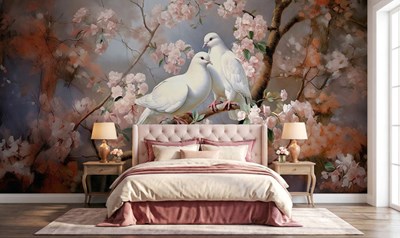 Behang met witte duiven op een bloemtak