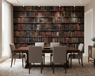 Behang met bibliotheekmotief