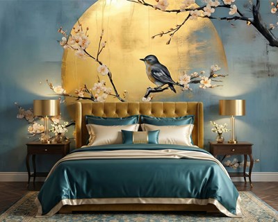 Behang met kersenbloesem en vogels