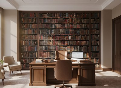 Behang met bibliotheekmotief