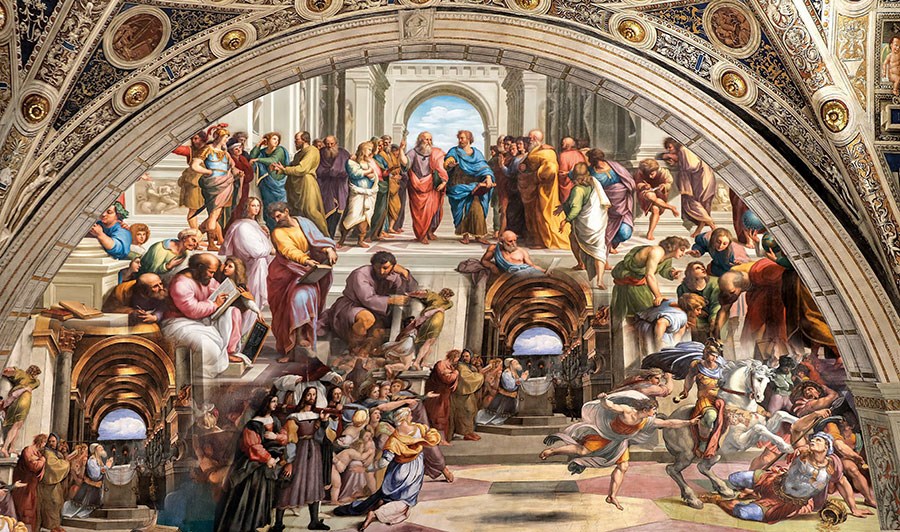 Behang met afbeelding van filosofen uit de renaissance