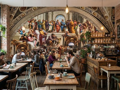 Behang met afbeelding van filosofen uit de renaissance