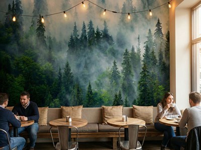 Behang met een weelderig groene bos in de mist