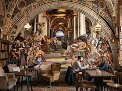 Behang met dramatische taferelen uit de renaissance