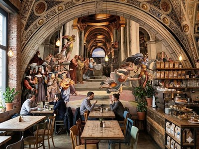 Behang met dramatische taferelen uit de renaissance