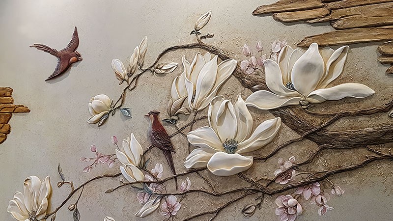 3D-reliëfbehang met magnoliabloemen