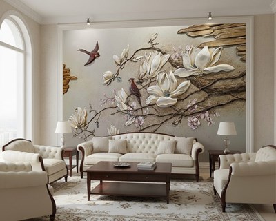 3D-reliëfbehang met magnoliabloemen