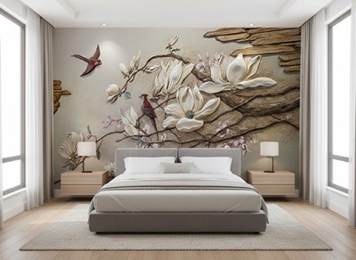 3D-reliëfbehang met magnoliabloemen