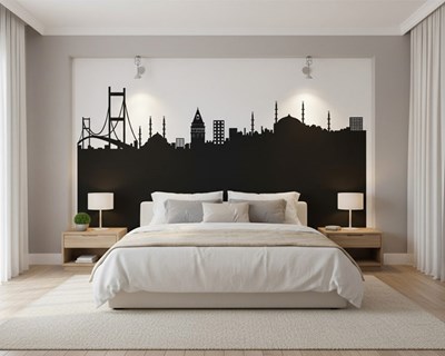 Zwart-wit behang met silhouet van Istanbul