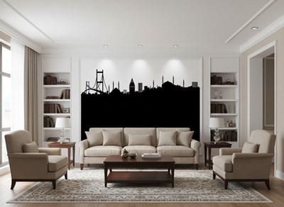 Zwart-wit behang met silhouet van Istanbul