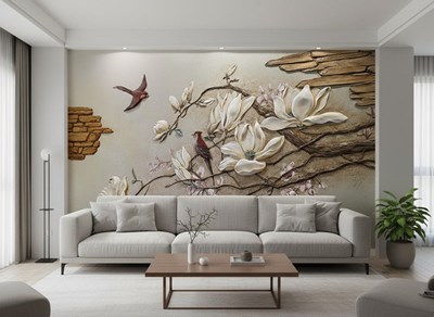 3D-reliëfbehang met magnoliabloemen