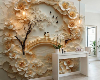 3D-behang met bloemenlijst en liefdesthema