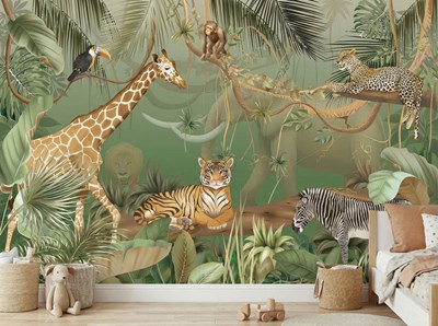 Behang met dieren uit het tropische oerwoud