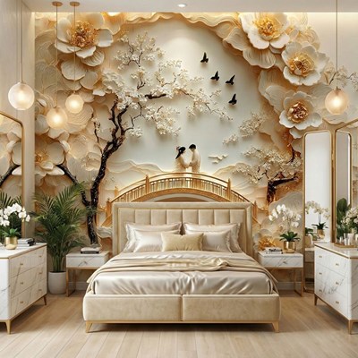 3D-behang met bloemenlijst en liefdesthema