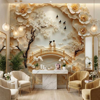 3D-behang met bloemenlijst en liefdesthema