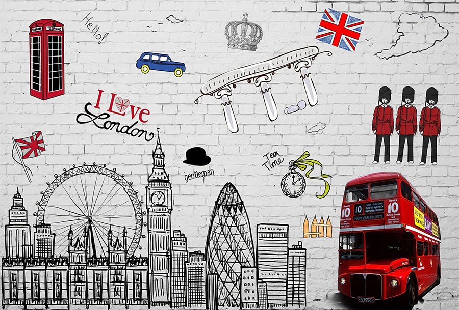Behang met motief van figuren uit de stad Londen