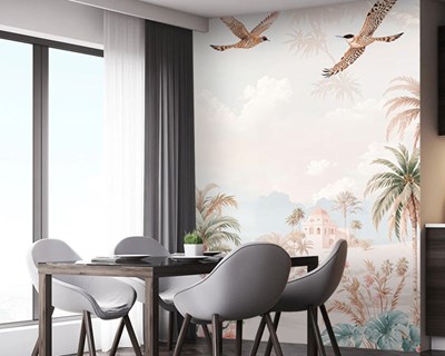 Behang met pastelkleurig tropisch eilandmotief