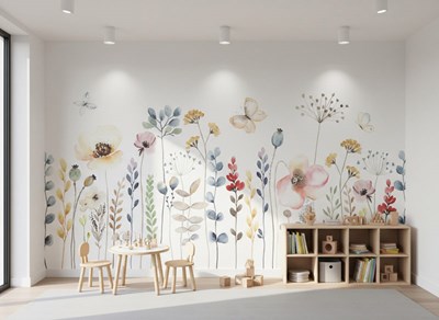 Behang met waterverfafbeelding van veldbloemen