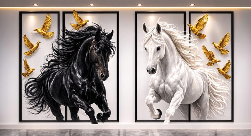 3D zwart-wit paard  behang