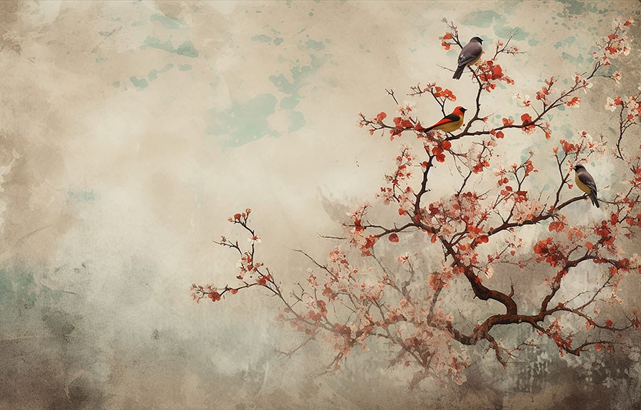 Artistiek behang met vogels en lentetakken