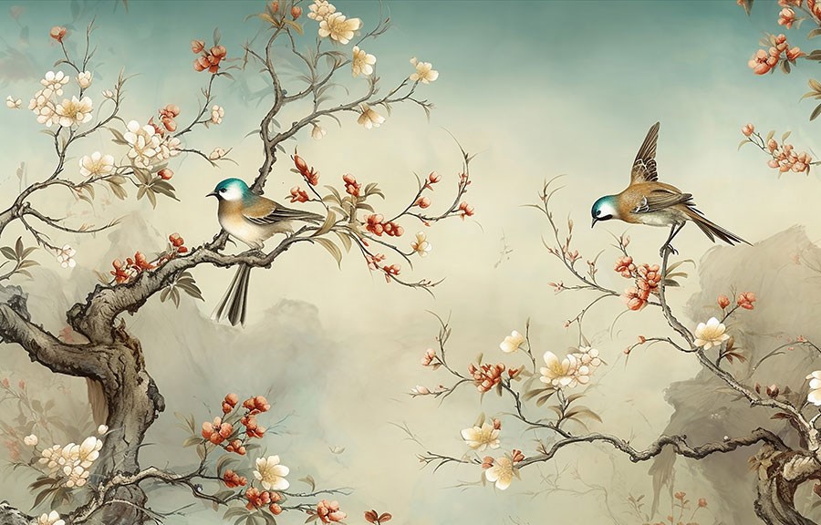 Behang met bloeiende boomtakken en vogels