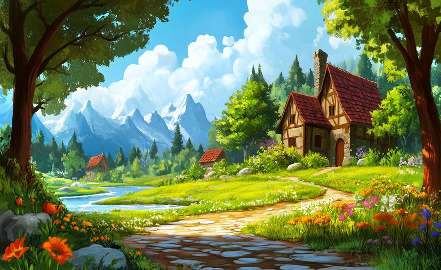 Sprookjesachtig plattelandshuis-behang