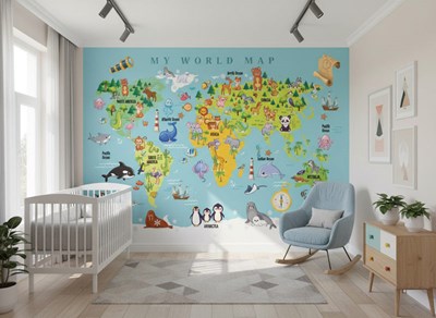 Educatieve wereldkaart met dieren als behang