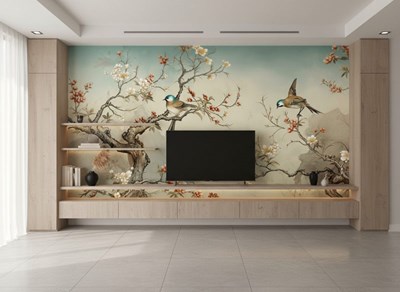 Behang met bloeiende boomtakken en vogels