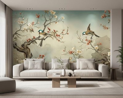 Behang met bloeiende boomtakken en vogels