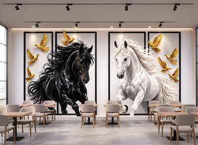 3D zwart-wit paard  behang