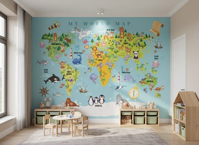 Educatieve wereldkaart met dieren als behang