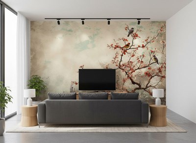 Artistiek behang met vogels en lentetakken