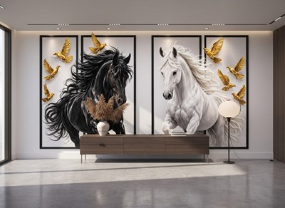 3D zwart-wit paard  behang