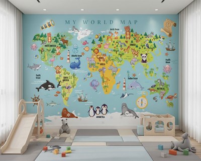 Educatieve wereldkaart met dieren als behang