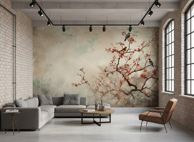 Artistiek behang met vogels en lentetakken