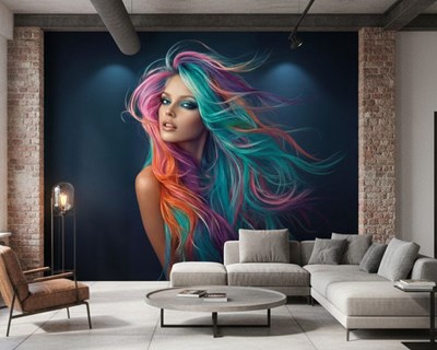 Behang met een vrouw met kleurrijk haar