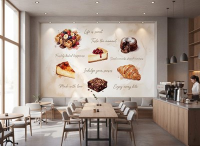 Behang met café- en banketbakkerijthema   