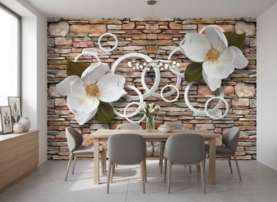 Behang met witte magnoliabloemen
