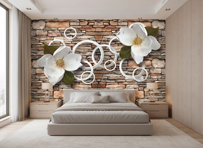 Behang met witte magnoliabloemen